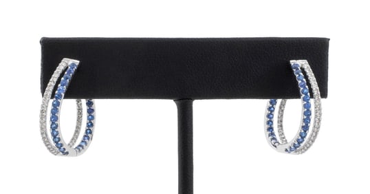14K Gold Diamond Sapphire In & Out Hoop Earrings