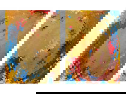 Robert O'Meara Abstract Composition Diptych Oil: Robert O'Meara (American, XX-XXI), Abstract Expressionist Composition Diptych, depicting various shades of the primary colors, Oil on Canvas, each signed to verso, unframed. Overall: 40.25" H x 60" W;