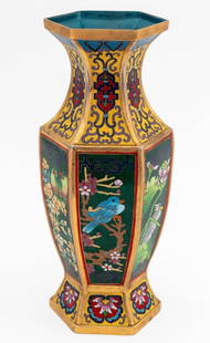 Chinese Bird Motif Cloisonne Enamel Vase: Chinese Bird Motif Cloisonne Enamel Hexagonal Vase, each face with scene of different birds on a green ground, scrolling geometric designs on yellow grounds above and below. 12.5" H x 5.5" W x 4.75" D