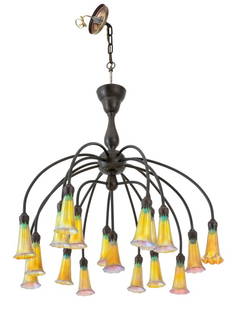 Tiffany Studios Style Bronze "Lily" Chandelier: Tiffany Studios Style Bronze "Lily" 18-Light Chandelier, 20th century, with 18 iridescent art glass shades. 33" H x 28" Diameter. Provenance: From a 20 East 74th Street Estate. Keywords: Lighting, Han