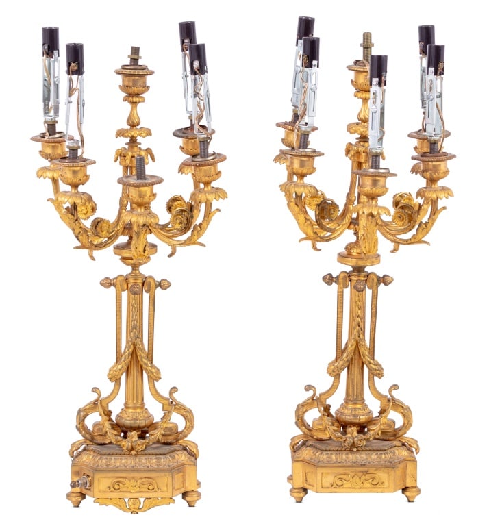 Louis XVI Style Gilt Metal Candelabra Lamps, Pair (1 of 4)