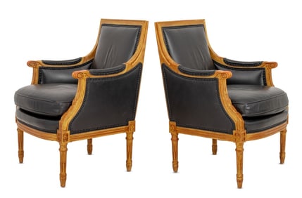 Louis XVI Style Giltwood Black Leather Bergeres, 2