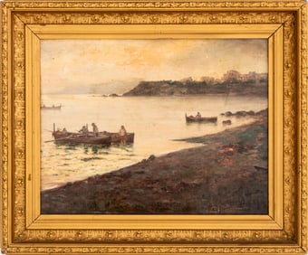 Paul C.F. Jobert Fishing Scene Oil on Masonite