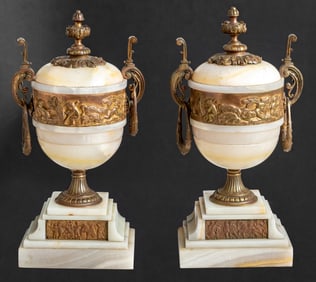 French Alabaster and Gilt Bronze Urns, Pair
