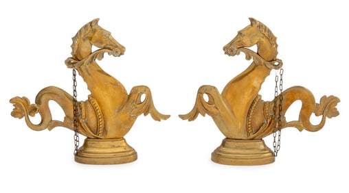 Venetian Hippocamp Gilt Bronze Door Stops, Pair