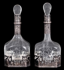 Dutch Silver Mounted Etched Glass Decanters, Pair