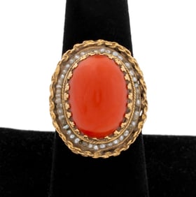 14K Yellow Gold Red Coral & Seed Pearl Bezel Ring