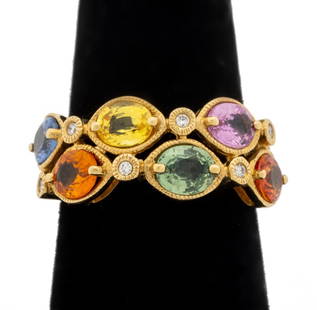 Sophia 14K Gold Multi-Color Sapphire Diamond Ring: Sophia 14K Gold Multi-Color Sapphire Diamond RingSophia 14K Yellow Gold Orange, Green, Pink, Blue, and Yellow Sapphire and Diamond Set Ring, marked and signed: "585 Sophia". Ring size US 6 1/2; 1.0" x