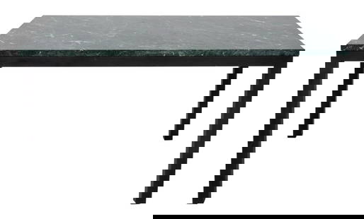 Green Marble Topped Patinated Metal Dining Table: Green Marble Topped Patinated Metal Dining Table. 30.5" H x 60.25" W x 32.25" D. Provenance: From a West 12th Street Estate. Keywords: Modern Furniture, Center table, Stone top, White veined marble, M