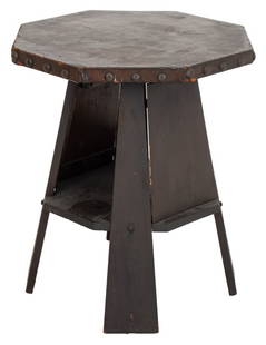 Arts and Crafts Octagonal Leather Top Accent Table: Arts and Crafts Octagonal Leather Top Accent Table, with brass nail head trim and an octagonal lower shelf, apparently unmarked. 28.5" H x 24" W x 24" D. Provenance: From a 333 East 75th Street Estate