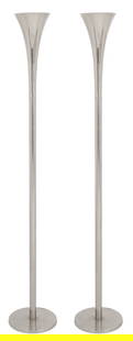Laurel Mid-Century Chrome Torchiere Lamps, 2: Pair of Laurel Mid-Century Modern Chrome Trumpet Torchiere Floor Lamps. 66.5" H x 11" Diameter. Provenance: From an East 66th Street Collection. Keywords: Lighting, Floor lamp, Torchere, Standing lamp