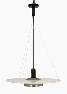Flos Frisbi Style Suspension Pendant Lamp: Flos Frisbi Style Suspension Pendant Lamp, 1980s, with patinated metal suspension and dome, white composite suspended disc, with "UL Incandescent Light" label to top. 35.5" H x 23.5" Diameter. Provena