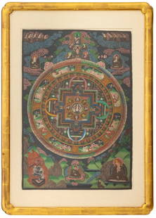 Tibetan Buddhist Mandala Gouache on Paper: Tibetan Buddhist Mandala Thangka Gouache on Paper, figural composition, giltwood frame. Image: 29.25" H x 20.25" W; frame: 38.5" H x 27.5" W x 1.25" D. Provenance: From a Fifth Avenue Estate. Keywords