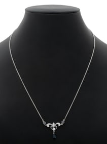 14K White Gold Sapphire Diamond Station Necklace.