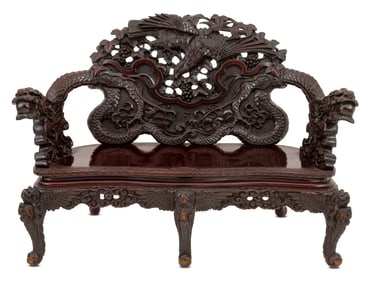Chinese Dragon & Phoenix Motif Carved Wood Settee