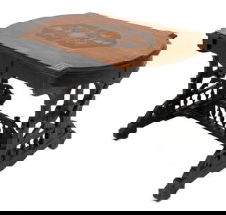 American Eastlake Marquetry Top Center Table: American Eastlake Marquetry Top Center Table, 19th century, floral and griffon motif marquetry, ebonized base. 28" H x 43" W x 28" D. Provenance: From a New York City collection. Keywords: American Fu