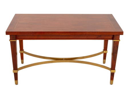 Hollywood Regency Brass Inlaid Mahogany Table: Hollywood Regency Brass Inlaid Mahogany Coffee Table, with geometric design inlay. 16.75" H x 30.75" W x 16.5" D. Provenance: Philadelphia, Private Collection. Keywords: Vintage Furniture, Low table,