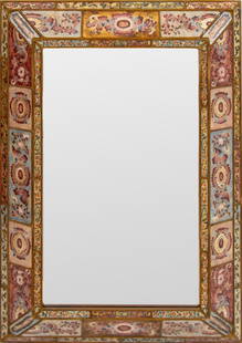 Verre Eglomise Framed Mirror: Verre Eglomise Framed Mirror, pink and blue floral designs. 39.5" H x 28.25" W. Provenance: From a 50 Central Park West Estate. Keywords: Looking glass, Vanity, Reverse painted, Picture Frame, French,