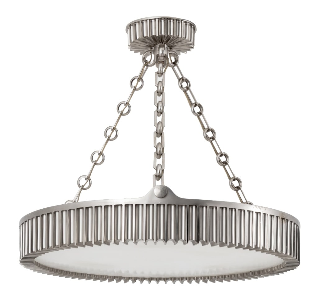 Hudson Valley Lighting "Lynden" Chandelier: Hudson Valley Lighting "Lynden" Chandelier, with six light bulb fittings, polished nickel with alabaster shade. 17" H x 18.75" Diameter. Provenance: From a United Nations Plaza, Manhattan Estate. Keyw