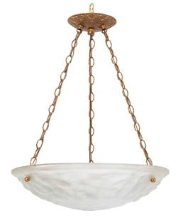 French Art Deco Floral Motif Glass Chandelier: French Art Deco Floral Motif Glass Three-Light Chandelier, marked "France" to glass shade, suspended from three gilt metal chains from a geometric skyscraper motif gilt bronze ceiling mount. 21" H x 1