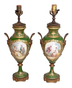 Sevres Green Ground Vases Mounted as Lamps, Pair