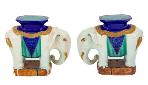 Chinese Elephant Form Ceramic Garden Seats, Pair