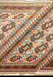 Caucasian Kazak Carpet, 12' x 8' 10": Caucasian Kazak Carpet, cream ground with blue and brown border and center medallions. 12' L x 8' 10" W. Provenance: From a New York City Collection. Keywords: Area Rug, Oriental Rugs, Floor covering,