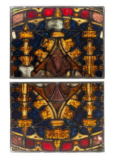 European Stained Glass Window Panels, Pair: Pair of European Stained Glass Window Panels, 19th century, depicting architectural elements. Each approx: 17" H x 27" W. Provenance: From an Upper West Side Estate located at the Ansonia. Keywords: A