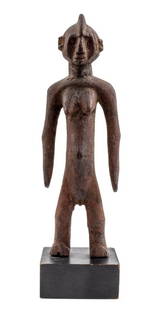 Lobi Wood Bateba Female Spirit Figure: African Lobi Bateba Female Spirit Figure, hand-carved wood mounted on a square wood base. Overall: 15" H x 4" W x 4" D. Provenance: From a New York City Collection. Keywords: African Arts, Burkina
