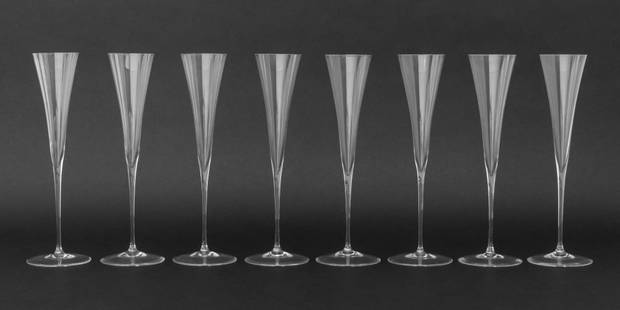 Lobmeyr "Ambassador" Champagne Flutes, 8: Set of Eight Lobmeyr "Ambassador" Champagne Flutes, designed by Oswald Haerdtl in 1925, made in Vienna, unmarked, in original boxes. 10.5" H x 3" Diameter. Provenance: From a New York City