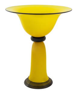 Modern Yellow Art Glass Footed Bowl: Modern Yellow Art Glass Footed Bowl, with applied black spiral caning decoration to top and bottom rims, illegibly signed and numbered "m 07/ 14" to underside. 13.25" H x 10.75" Diameter. Provenance: