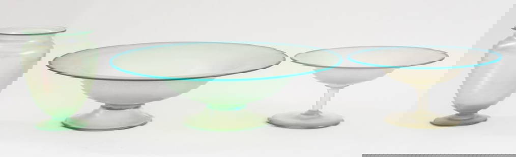 Steuben Attr. Frosted Iridescent Glassware Set, 3: Group of Three Steuben Attributed Frosted Iridescent Glassware Articles, comprising: two fruit bowls or compotes and one vase, two with turquoise blue rims. Largest: 3.5" H x 12" Diameter. Provenance: