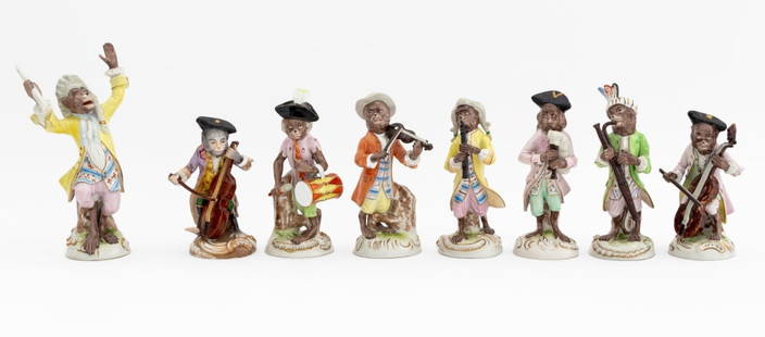 Continental Porcelain Monkey Orchestra Band, 8: Collection of Eight Continental Porcelain Monkey Orchestra Band Pieces, circa 1900, dressed in 18th century costume, seven with cobalt blue N and crown Capodimonte mark and incised "4012" to underside