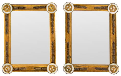 French Empire Gilt & Mother-of-Pearl Mirrors, 2: Pair of French Empire Gilt Metal and Mother-of-Pearl Mirrors, late 19th century, each rectangular frame with bellflower borders and interlaced mother of pearl roundels, enclosing mirror plate. 11.75"