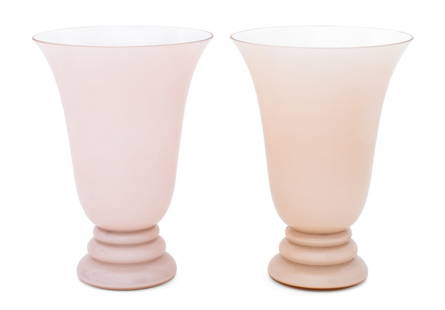 French CVV Vianne Pink Glass Table Lamps, Pair: Near Pair of French CVV Vianne Pink Glass Table Lamps, circa 1920, urn form, stepped glass base, apparently unmarked. 15" H x 10.5" Diameter. Provenance: From a New York City Collection. Keywords: Lig