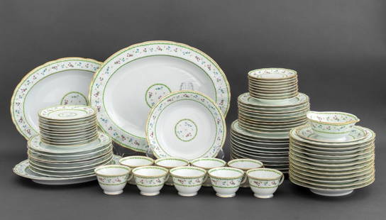 L. Bernardaud & Co. Porcelain Service Set, 73: L. Bernardaud and Company Porcelain Service Set, in the Artois Vert pattern, comprising: (18) eighteen dinner plates, (12) twelve large rim soup bowls, (10) ten salad plates, (11) eleven bread and but
