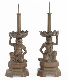 Sino-Tibetan Figural Bronze Pricket Sticks, Pair