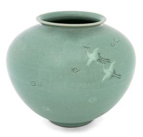 Korean Celadon Crane Motif Ceramic Jar