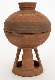 Korean Silla Style Stoneware Covered Pedestal Bowl