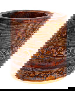 Korean Carved Bamboo Brush Pot: Korean Carved Bamboo Brush Pot, with floral and geometric friezes. 7.25" H x 6.5" Diameter. Provenance: From an East 81st Street Estate. Keywords: Vessel, Canister, Vase, Asian Arts, Three-dimensional