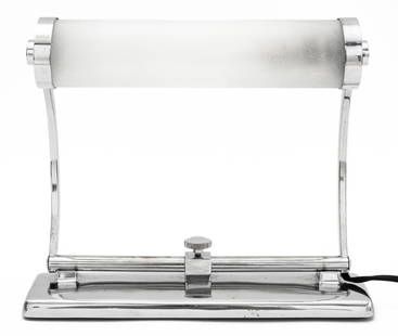 Modern Aluminum Frosted Glass Desk Lamp: Modern Aluminum Frosted Glass Desk Lamp, with two supports and cylinder glass shade. 5" H x 12" W x 11" D. Provenance: From a Fifth Avenue Collection. Keywords: Lighting, Accent light, Table lamp, Art