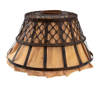 Stickley Arts and Crafts Woven Metal Lamp Shade: Stickley Arts and Crafts Woven Metal Lamp Shade, with tan fabric lining. 9" H x 18" Diameter. Provenance: From a Manhattan Collector. Keywords: Gustav Stickley, Lighting, Designer, Mission style, Lamp