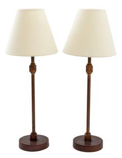 Arts and Crafts Style Patinated Metal Lamps, Pair: Pair of Arts and Crafts Style Patinated Metal Column-Form Table Lamps, mounted on circular bases. Overall: 27.25" H x 9.75" Diameter. Provenance: From an Upper East Side Collection. Keywords: Lighting
