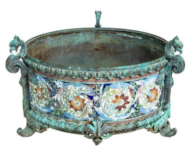 Renaissance Revival Bronze and Enamel Jardiniere: Renaissance Revival Green Verdigris Patinated Bronze and Champleve Enamel Jardiniere, late 19th century, of circular form, with three griffon supports, foliate enamel body, on three scrolled feet. 8.2