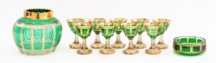 Moser Gilt Decorated Green Glass Articles, 11