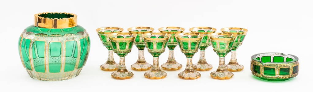Moser Gilt Decorated Green Glass Articles, 11
