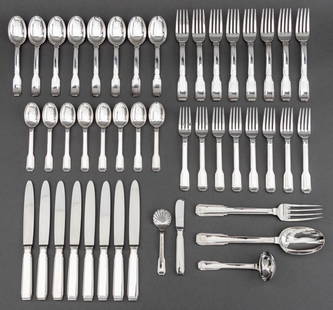 Ricci "Art Deco" Silver-plate Flatware Set for 8: Ricci Argentieri "Art Deco" Silver-plate Flatware Set for Eight, each marked "Ricci Italy" and with makers mark to reverse, comprising: eight (8) teaspoons, eight (8) soup spoons, eight (8) appetizer