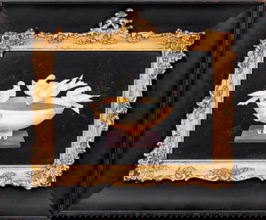 Italian Pietra Dura Doves of Pliny Plaque: Italian Pietra Dura Doves of Pliny Plaque, 20th century, in a gilt composition and ebonized frame. 6.25" H x 8.5" W; frame: 11" H x 13.25" W. Keywords: Florentine, Inlaid Stone, Mosaic, Ancient Rome,
