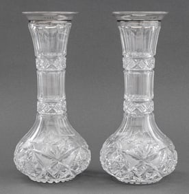 George V Sterling Mounted Cut Glass Vases, Pair