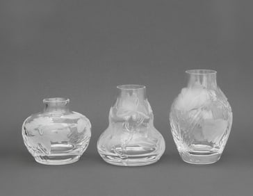 Tiffany & Co. Floral Etched Crystal Bud Vases, 3